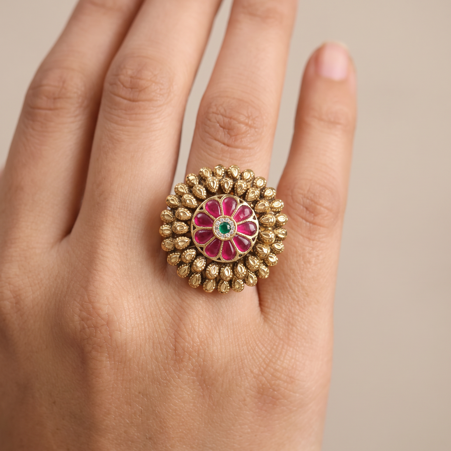 Symmetrical Floral Design with Detailed Petal Border Antique Finger Ring