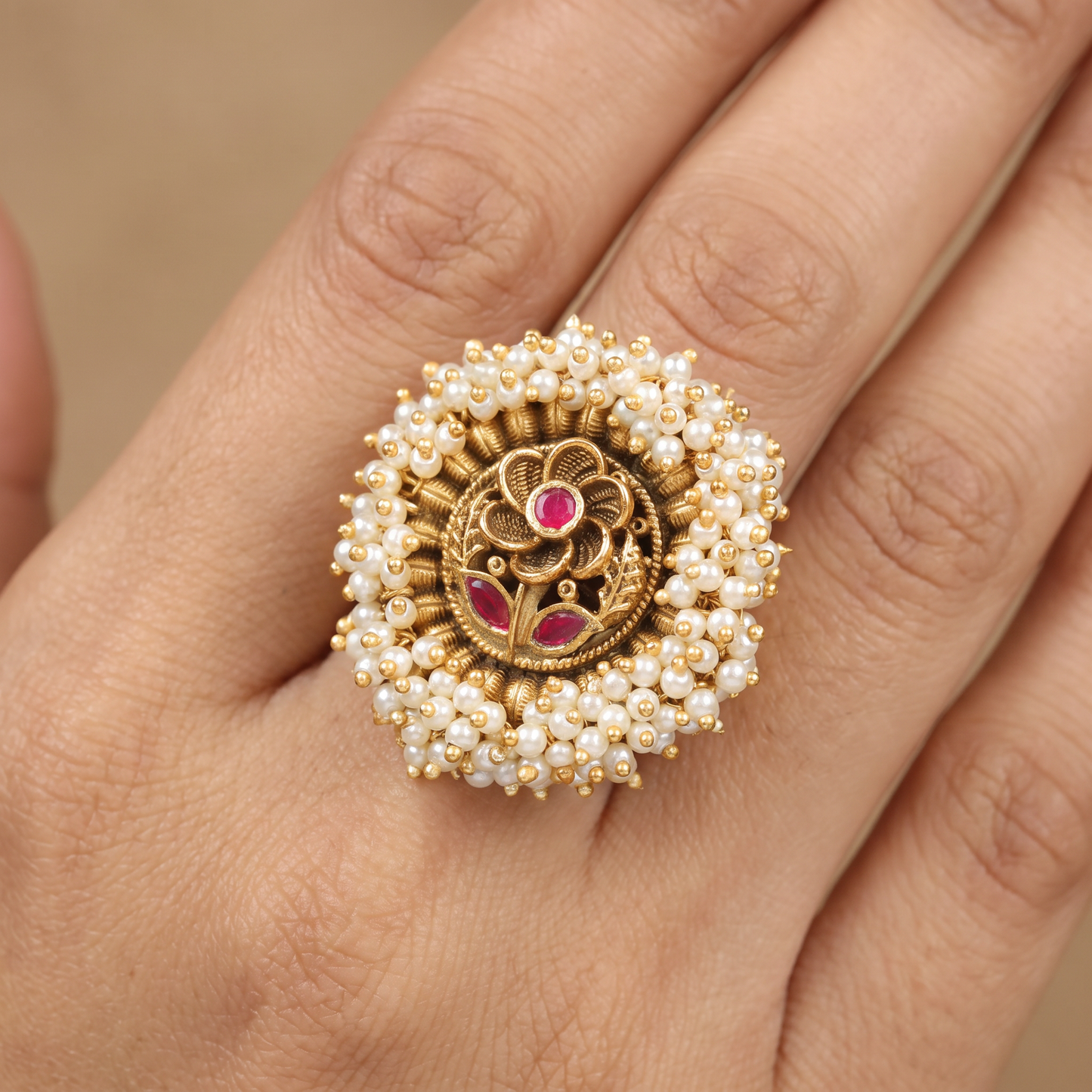 Circular Beaded Frame and Sculpted Floral Details Antique Finger Ring