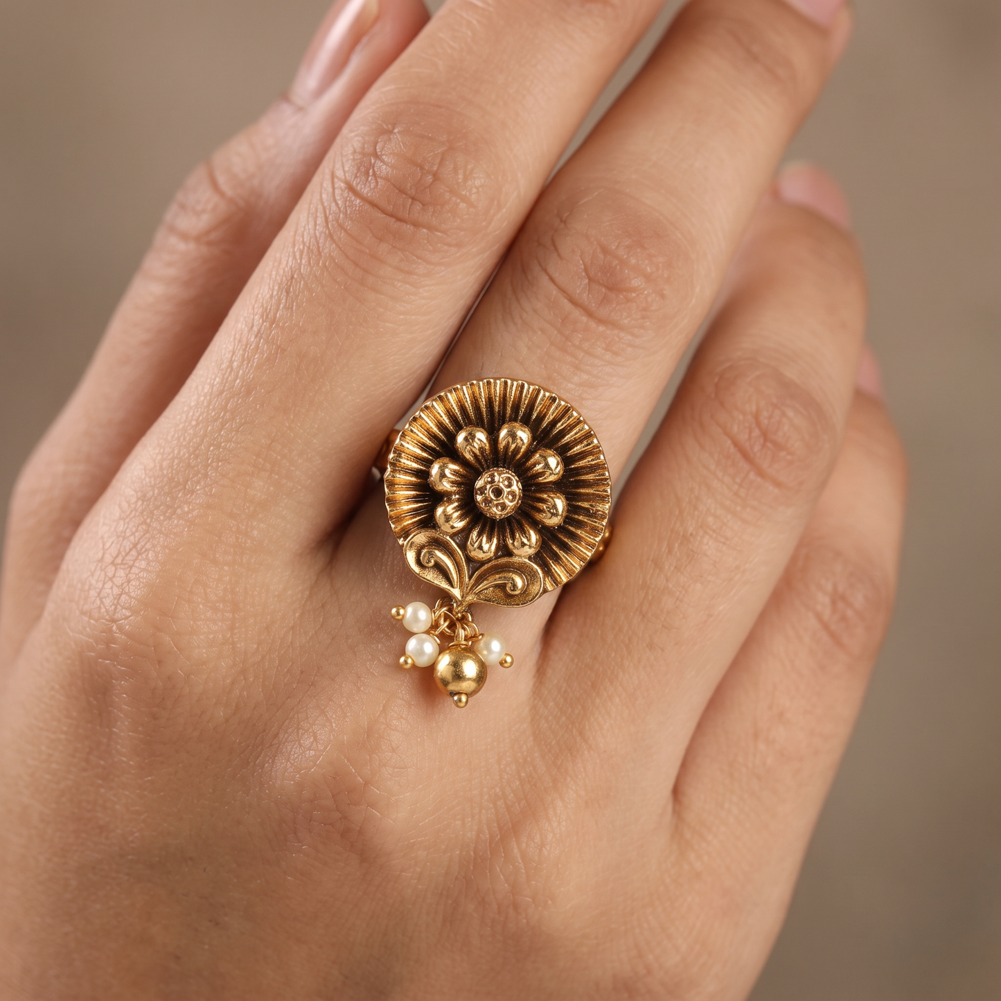 Antique Finger Ring Featuring Fine Sunburst Detailing and Floral Centre