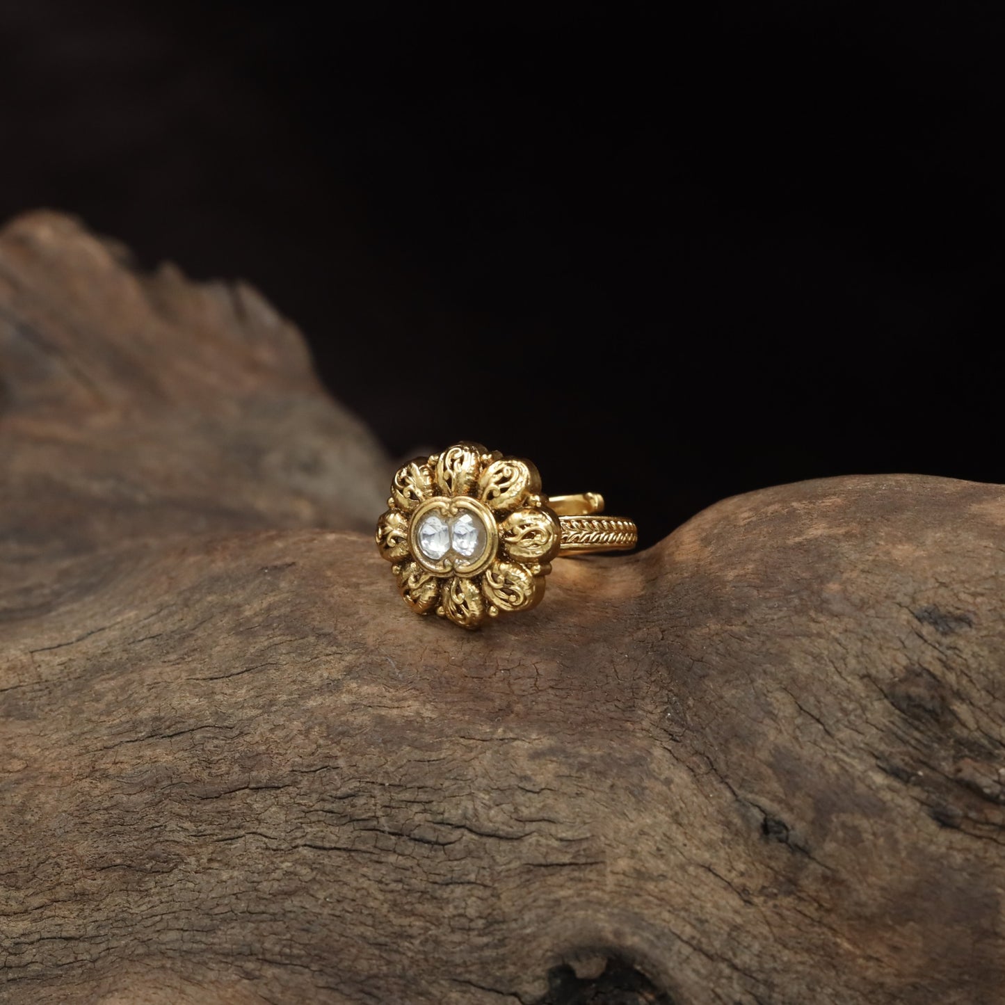 Antique Finger Ring with Twin Oval Centre and Sculpted Floral Detailing