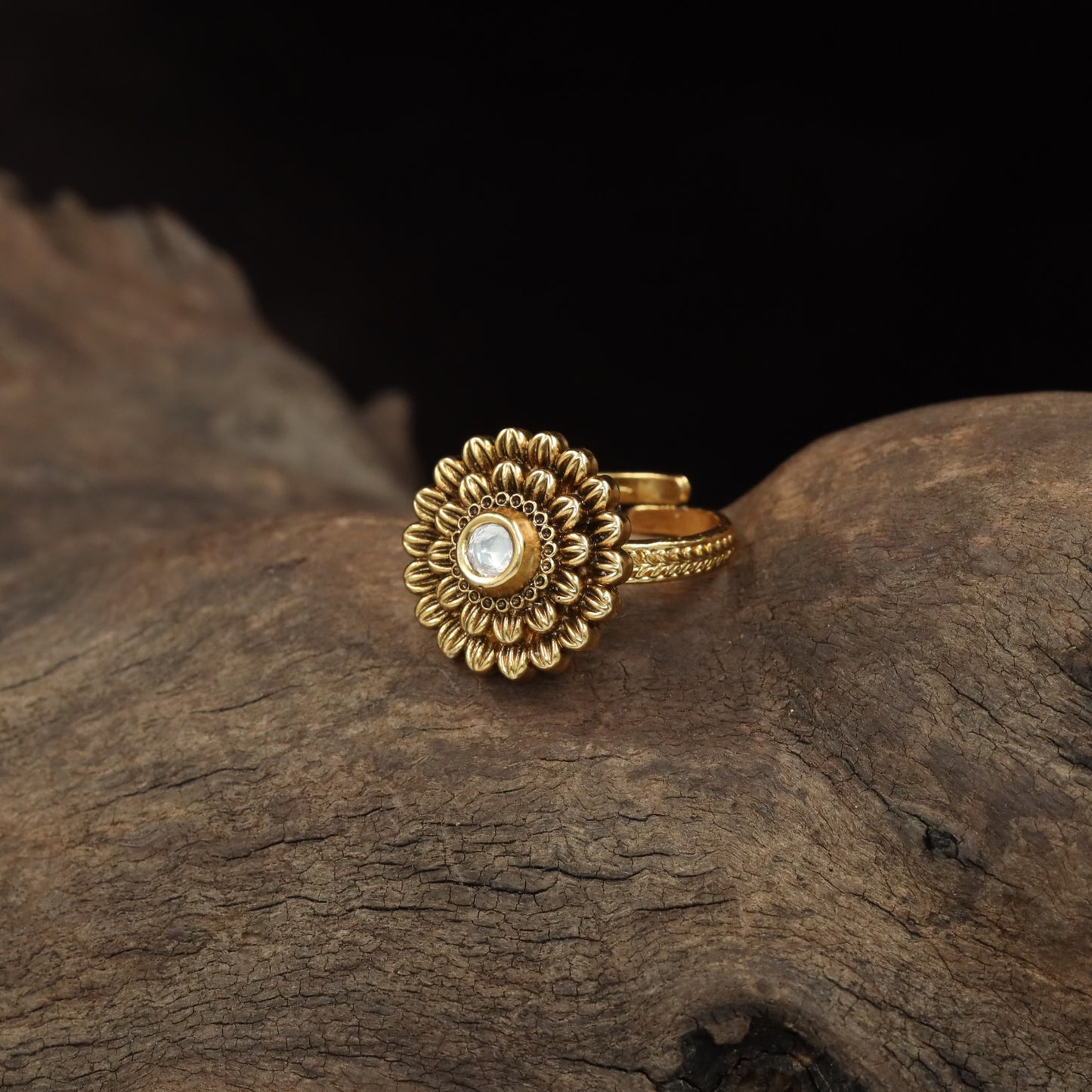 Floral Rosette Antique Finger Ring with Sculpted Petal Detailing and Ornate Centre