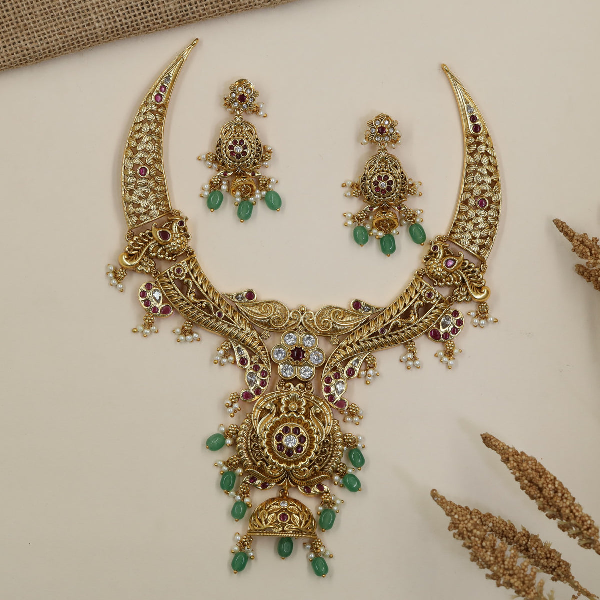 Grand Antique Necklace Set with Curved Carved Elements