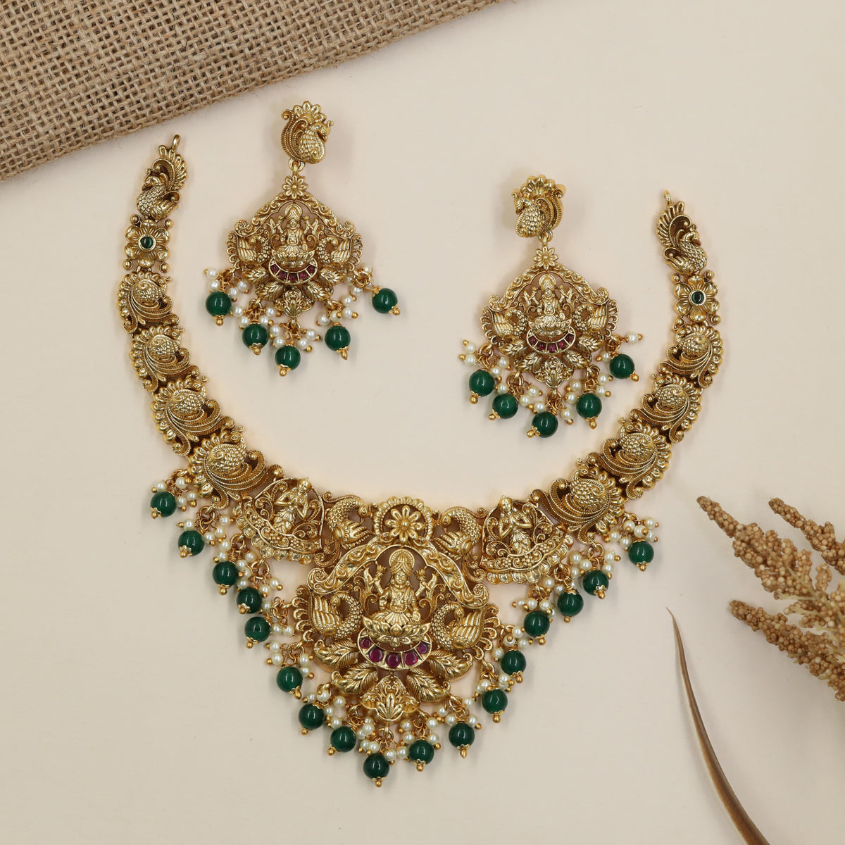 Seated Lakshmi Antique Necklace Set with Sculpted Earrings