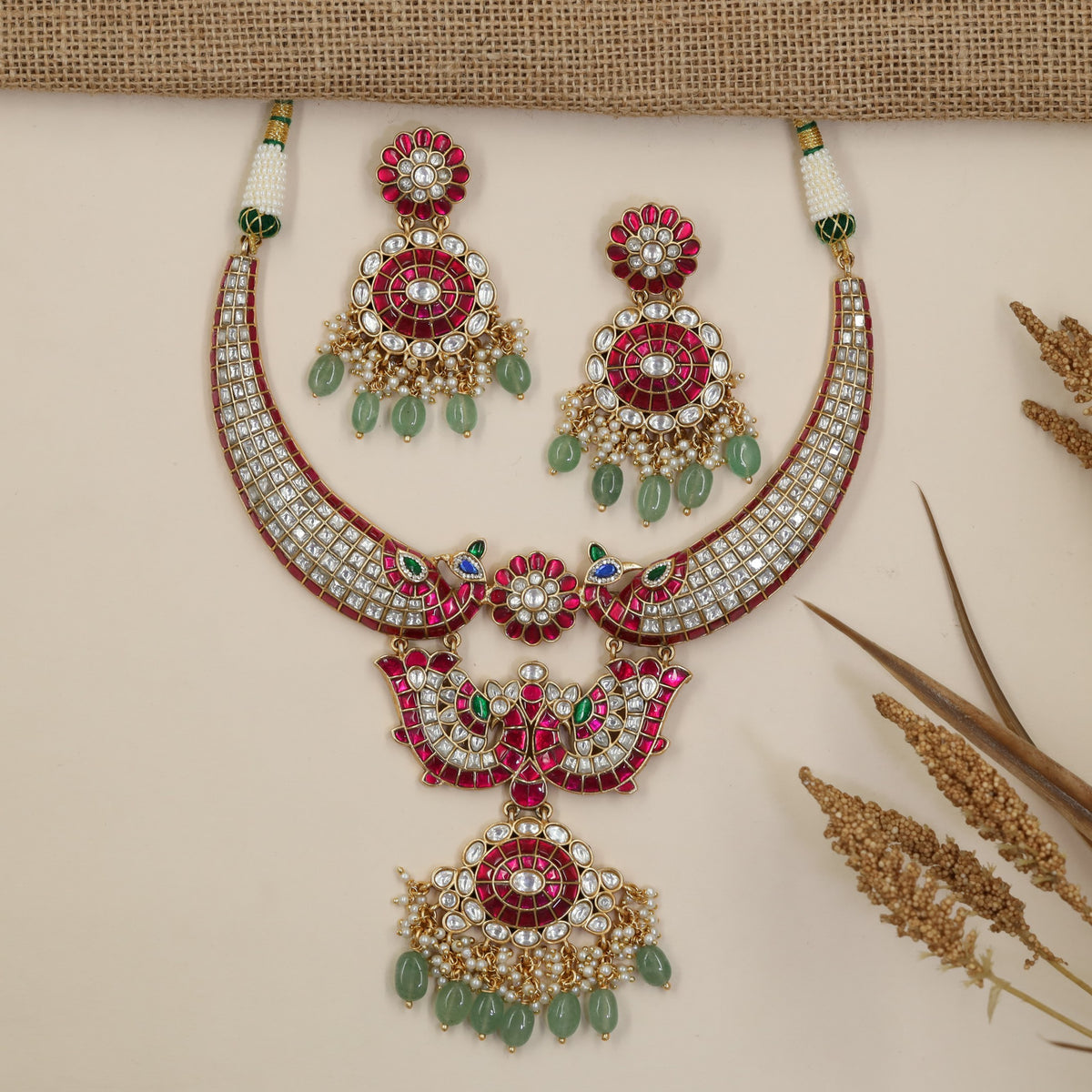 Bridal Jadau Necklace Set with Ornate Peacock Design