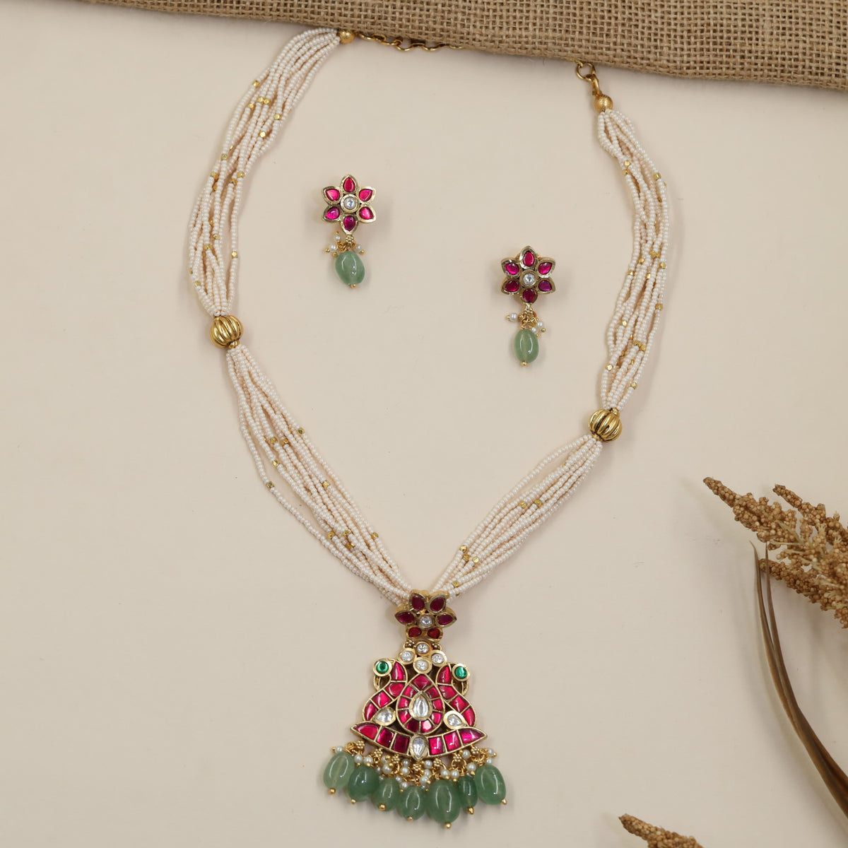 Kundan Pearl Beads Necklace Set with Floral Crest