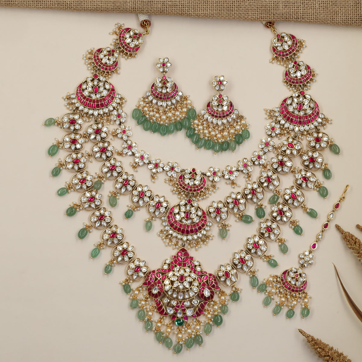 Floral Jadau Long Haara Combo Set with Cascading Rosettes