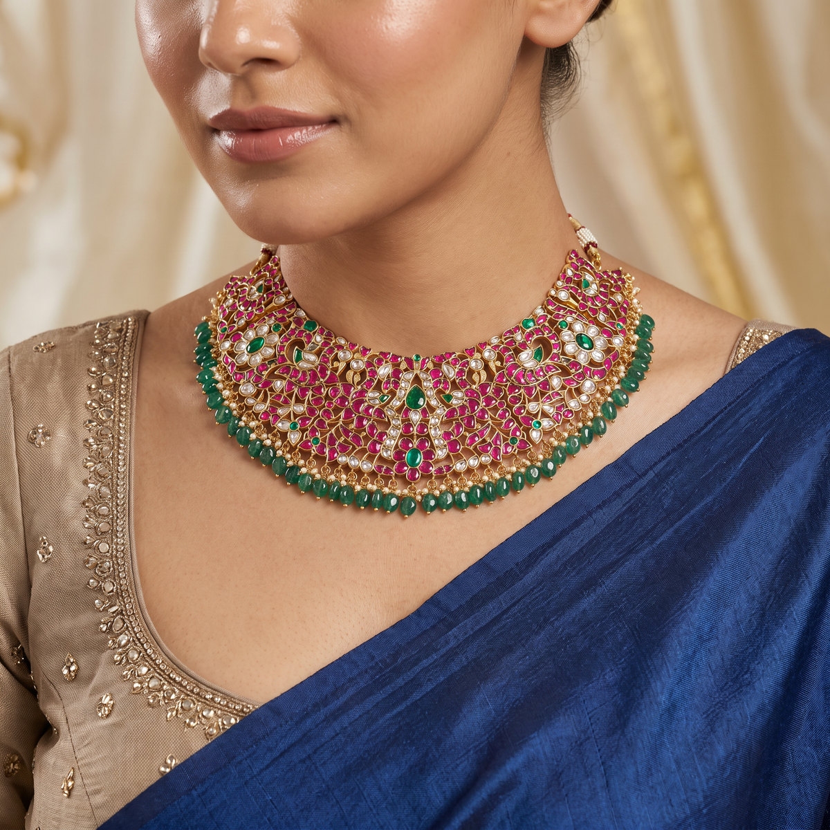 Jadau Floral Necklace with Curved Petal Fringe