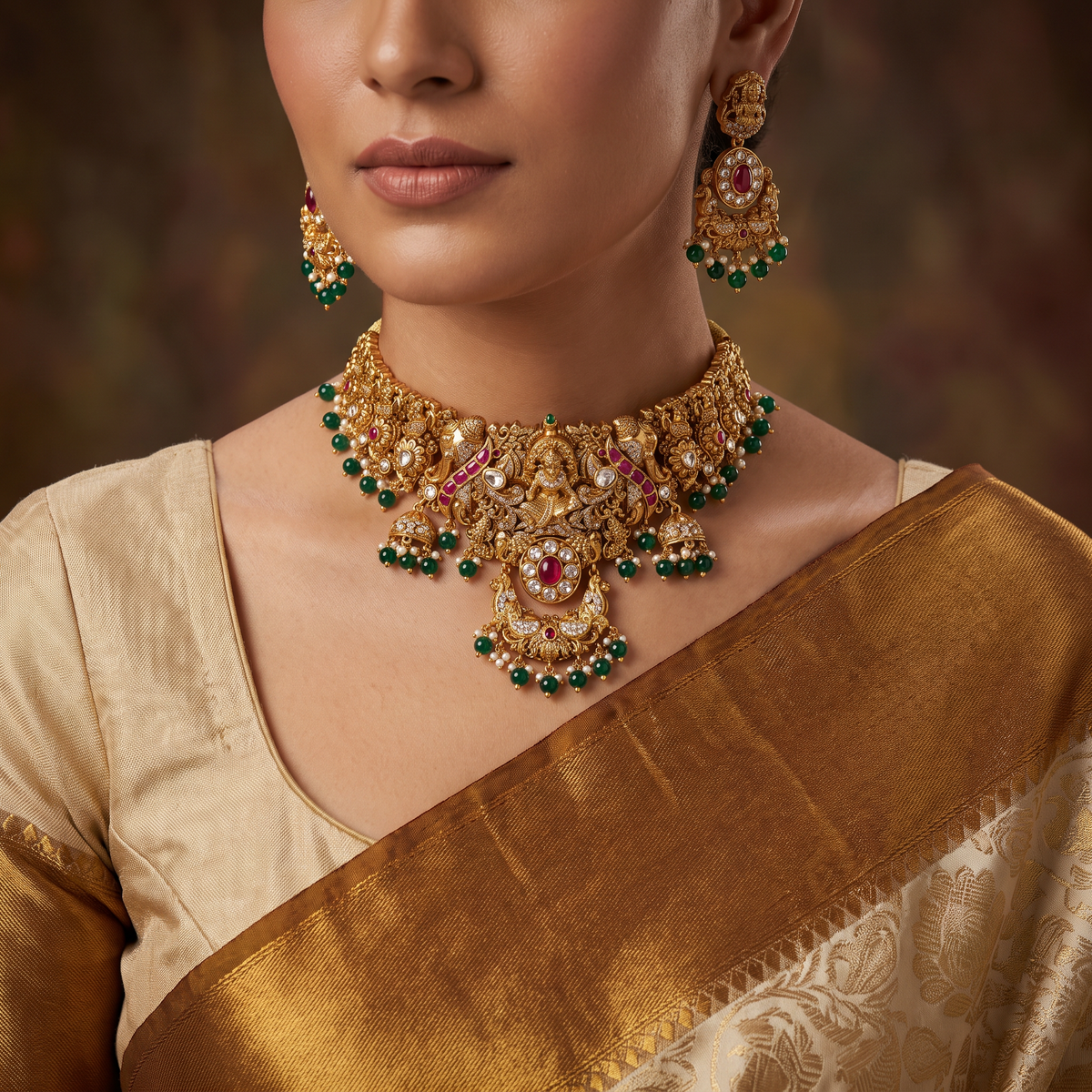 Antique Lakshmi Choker Set with Sculpted Florals