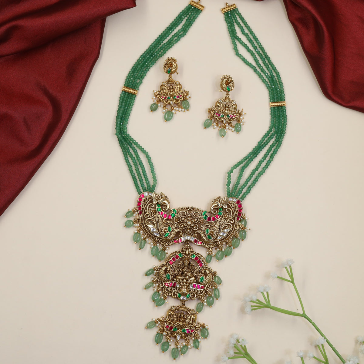 Antique Beads Long Haara with Floral Pendant