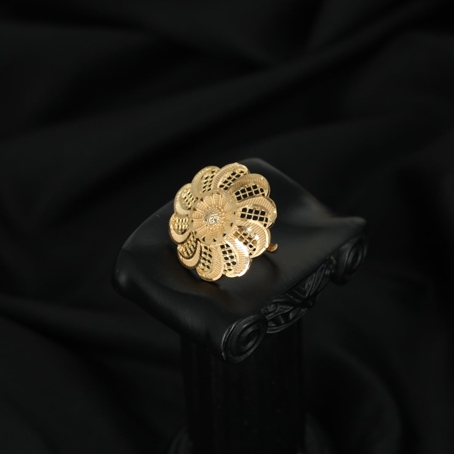 Forming Finger Ring with Sculpted Floral Petals and Openwork Arches