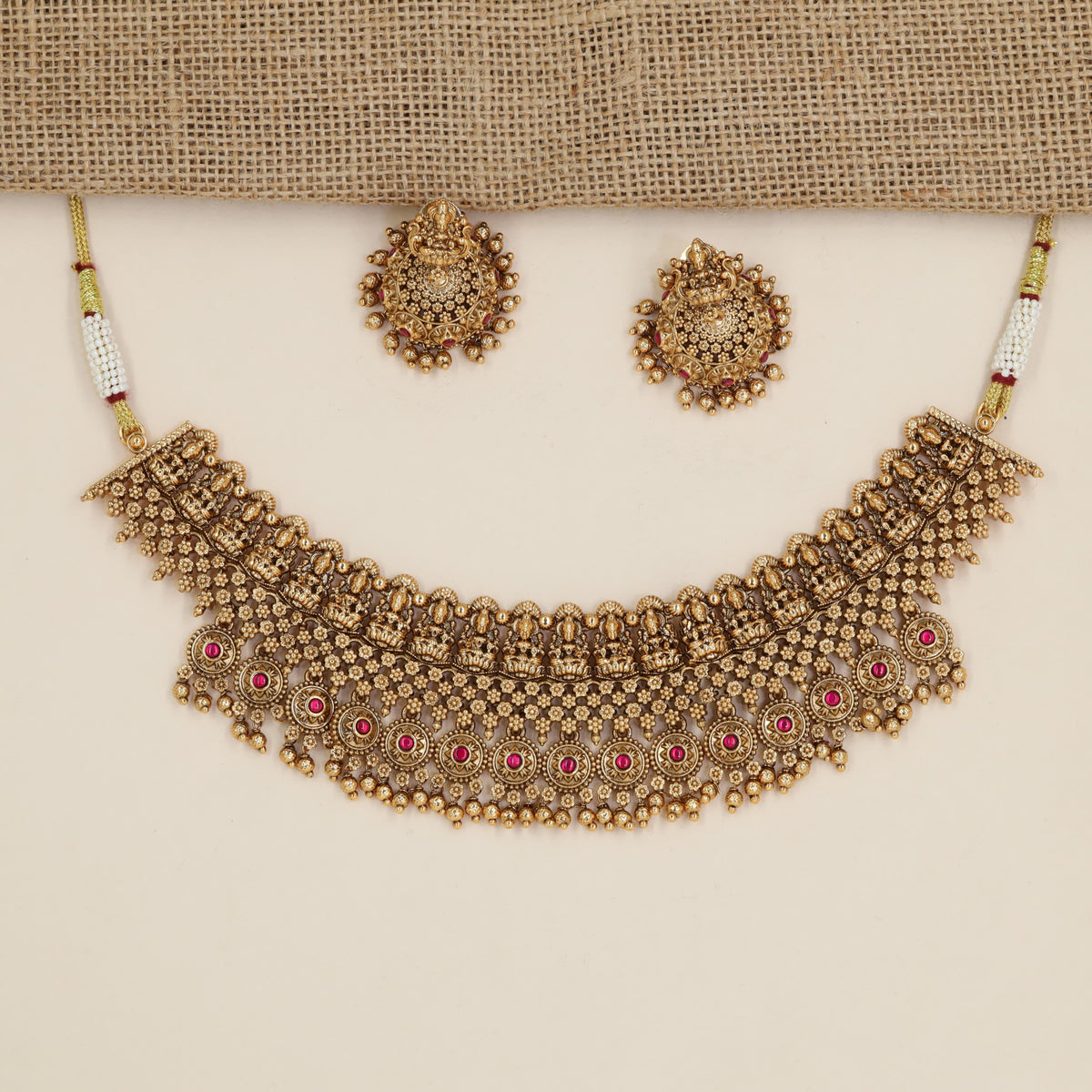 Antique Lakshmi Medallion Choker Set with Dense Fringe