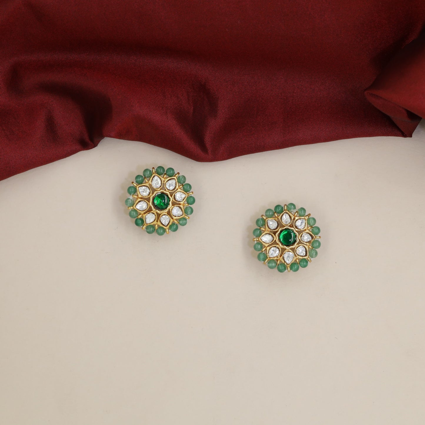 Traditional Kundan Studs with Radiant Floral Arrangement and Beaded Edge