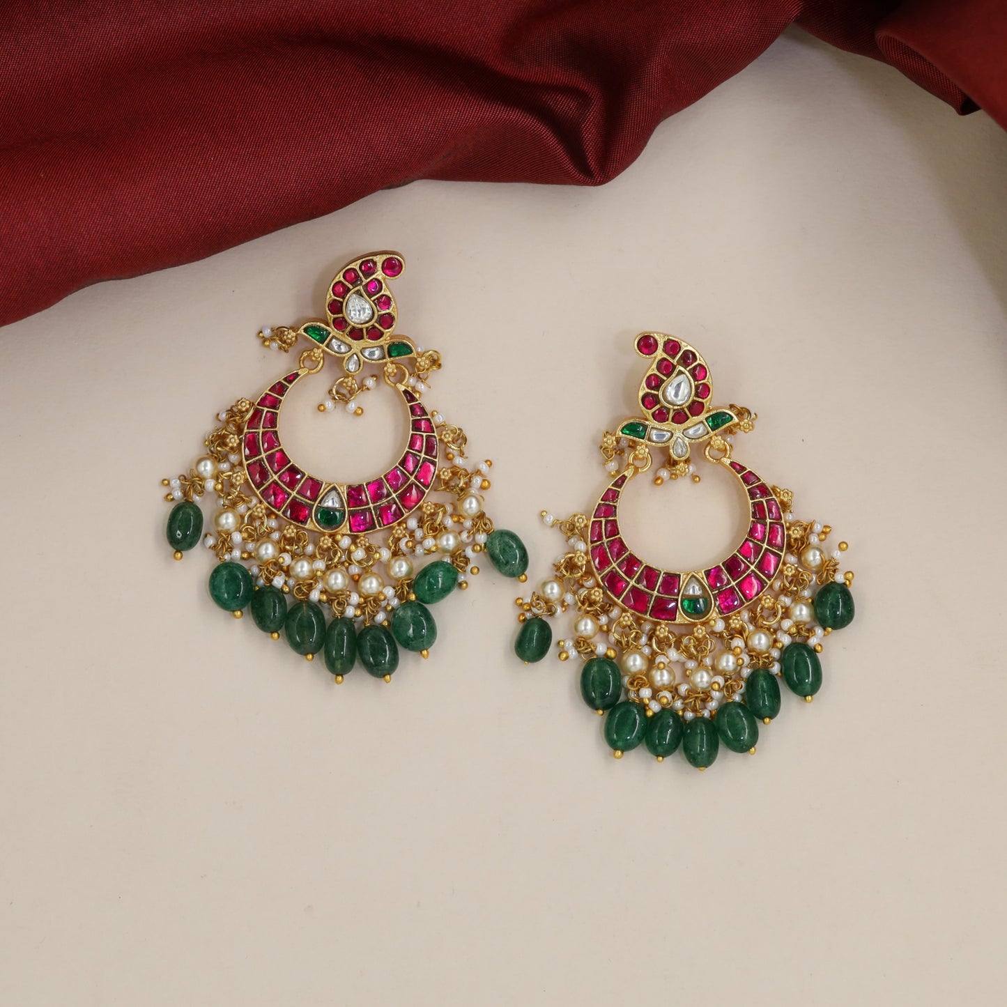 Jadau Hangings with Crescent Frames and Peacock Crestwork