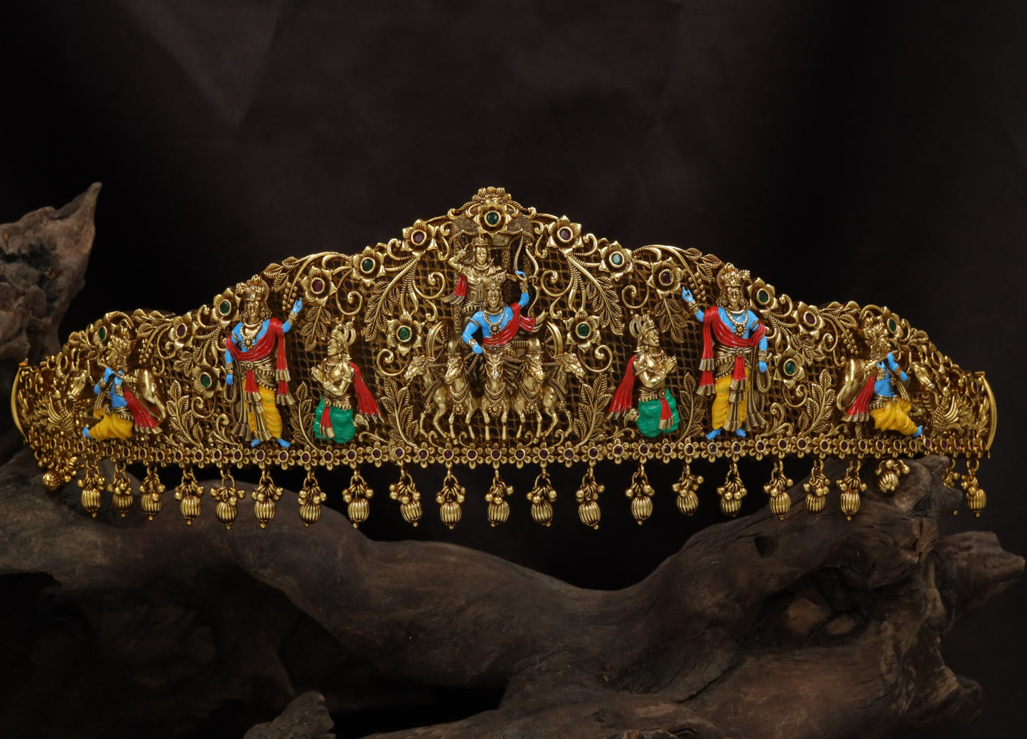Krishna Arjuna Antique Dabu with detailed chariot scene and ornate scrollwork