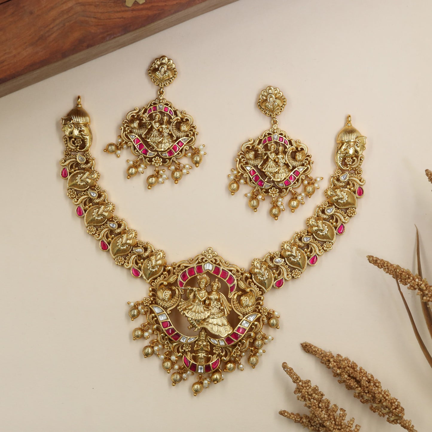 Regal Radha Krishna Antique Necklace with intricate peacock linkwork