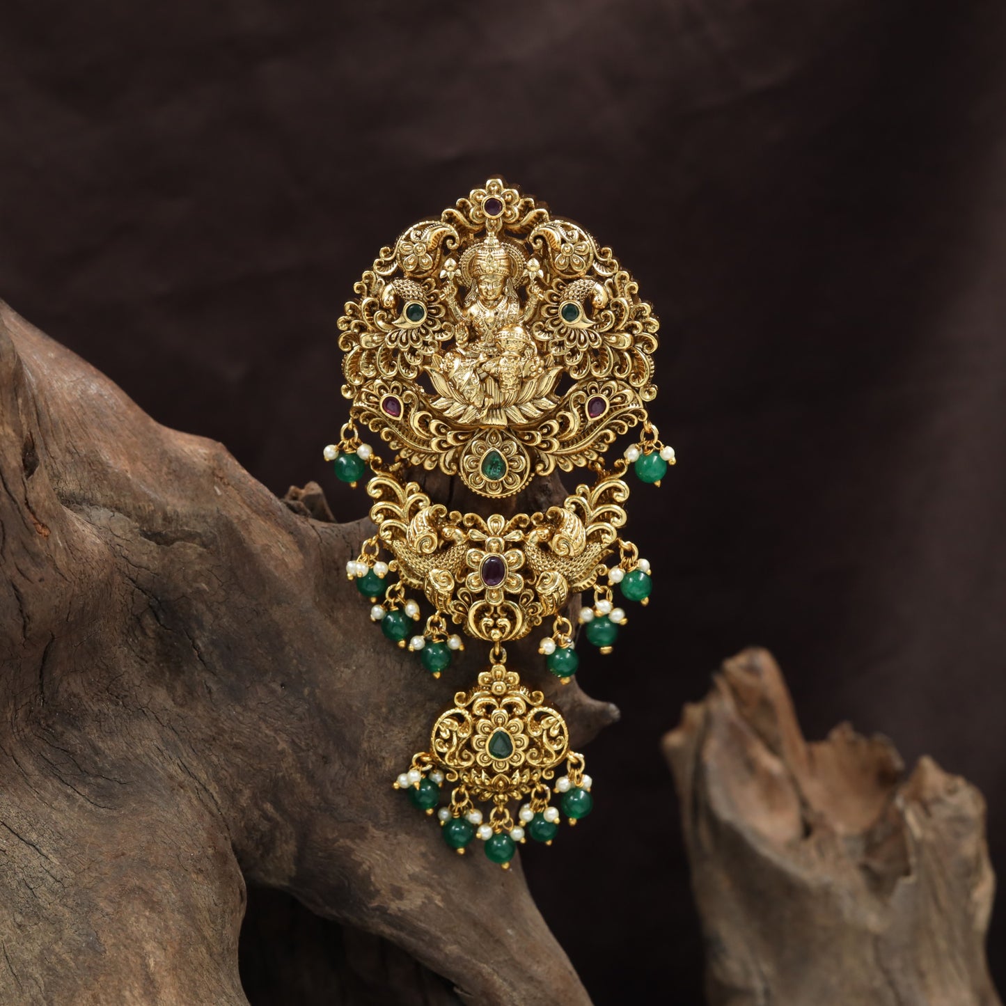Classic Lakshmi Antique Jade Bille with curved scrolls and suspended beadwork