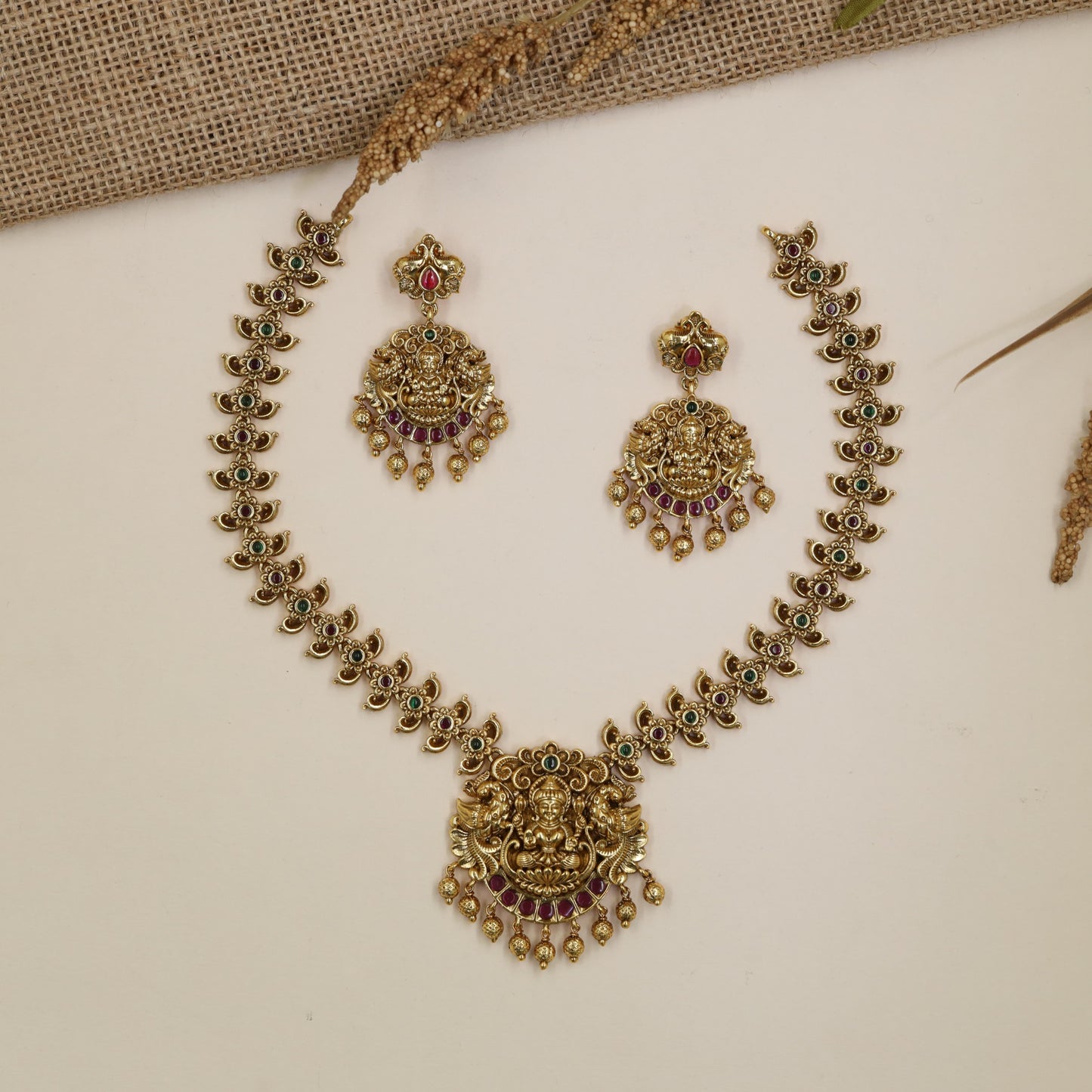 Lakshmi Floral Antique Necklace with sculpted links and pendant drops
