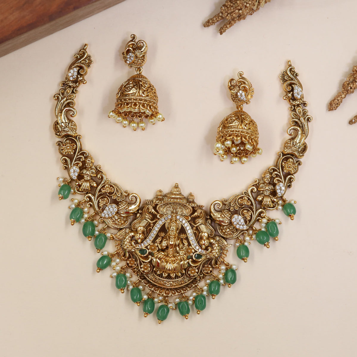 Antique Lakshmi Necklace Set with Curved Flourish Panels