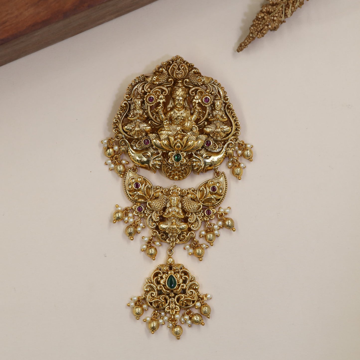 Lakshmi Jada Bille with Three-Part Pendant Composition and Sculptural Peacock Work