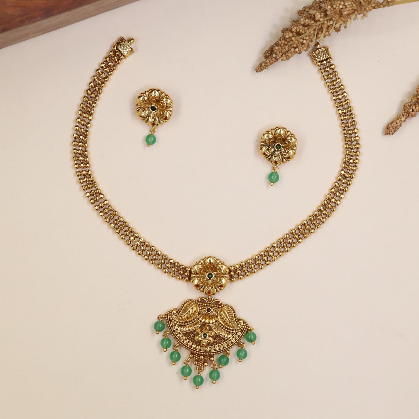 Classic Antique Necklace with Double Beadwork and Curved Pendant Detailing
