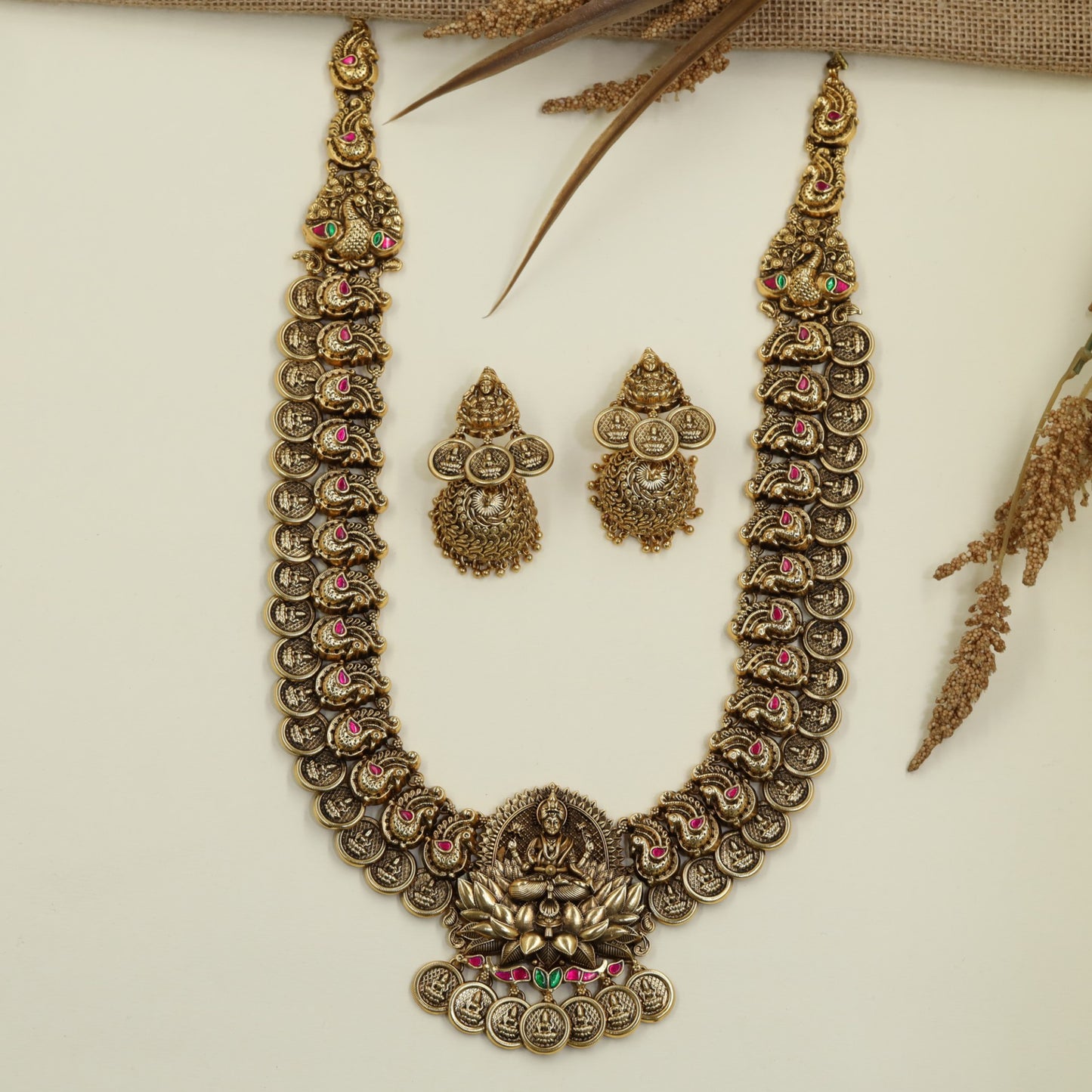 Antique Lakshmi Long Haara with Coin Panels and Lotus-Form Centrepiece