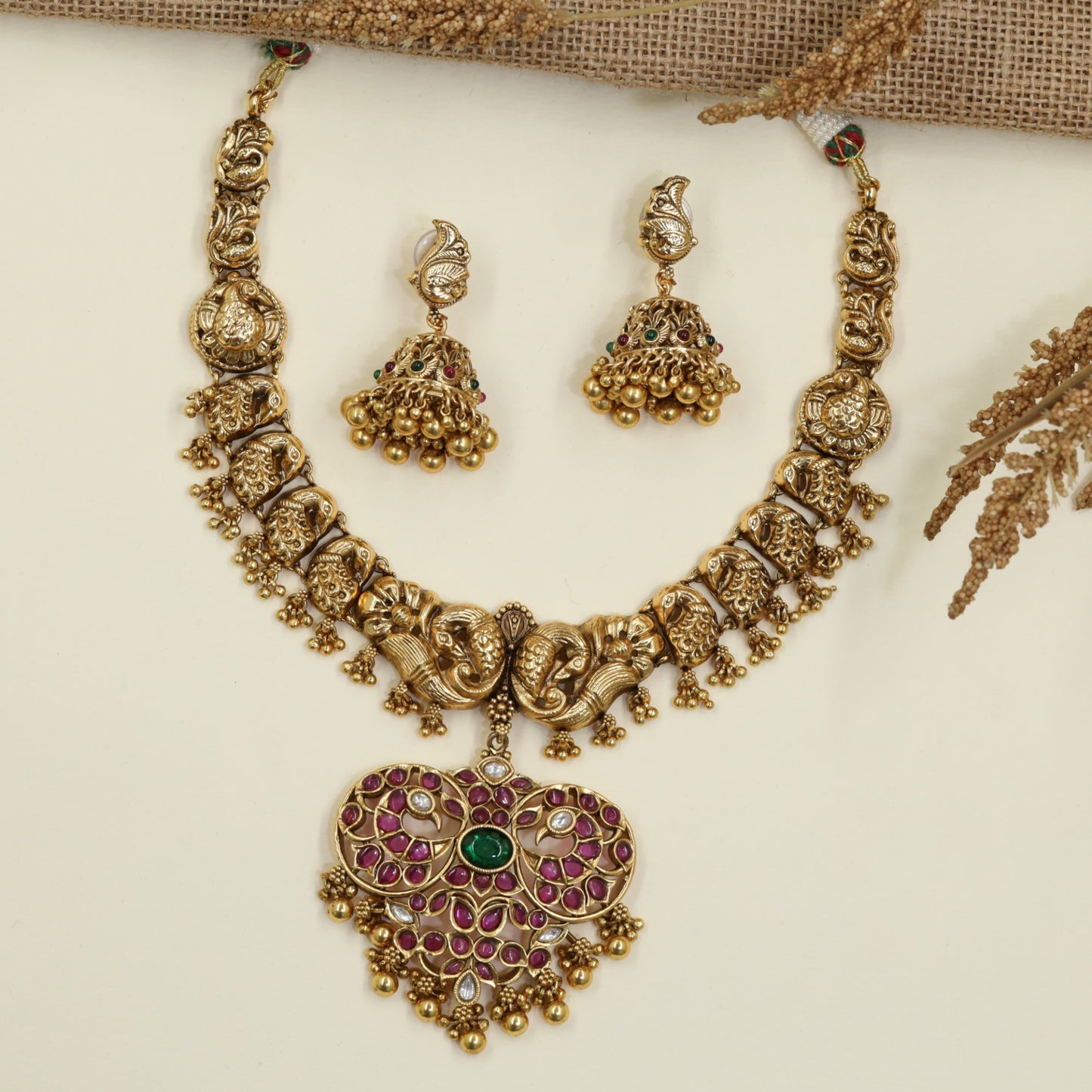 Antique Necklace with Elephant Links, Twin Peacock Centre and Ornate Pendant
