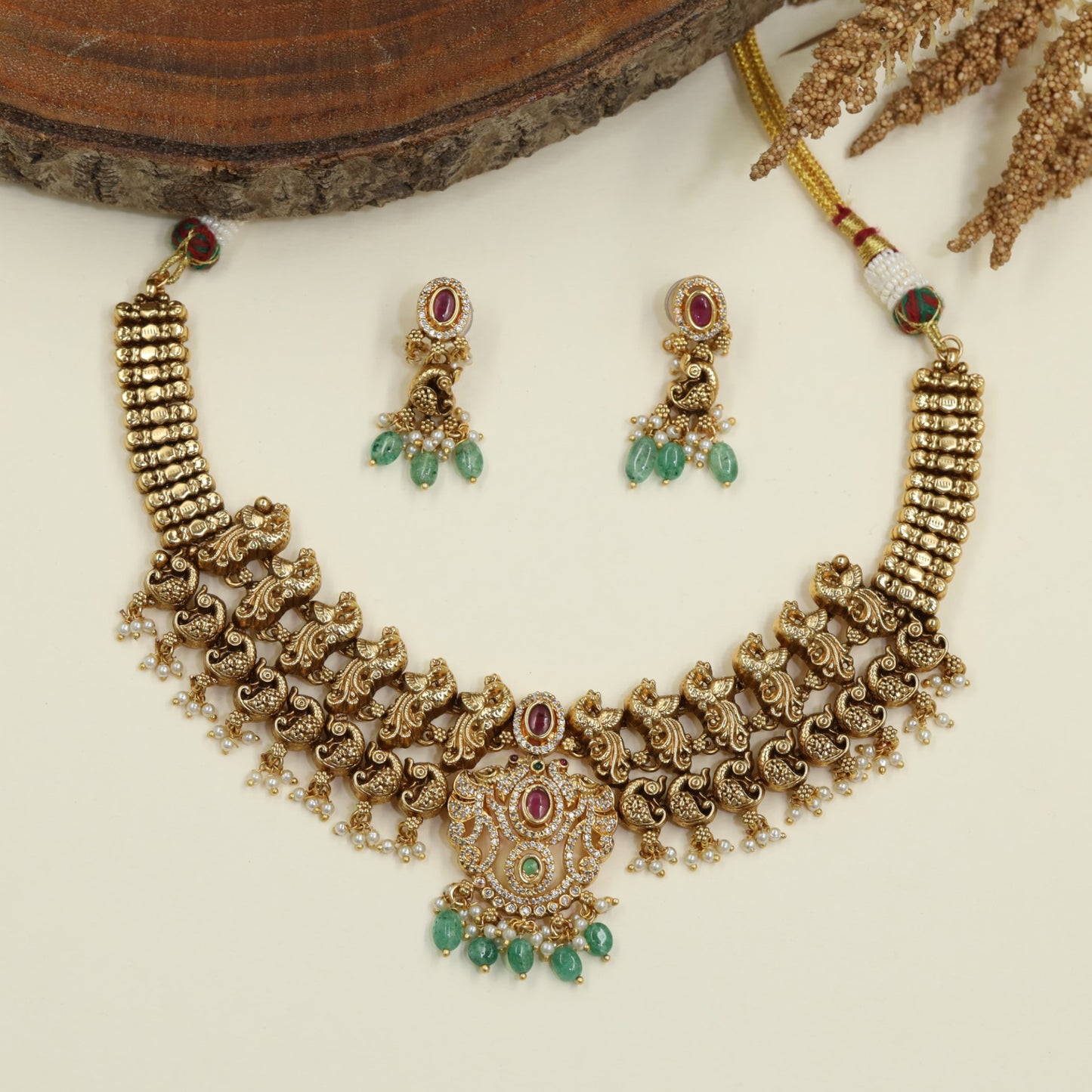 Signature Antique Necklace with Curved Paisley Links and Elaborate Central Pendant