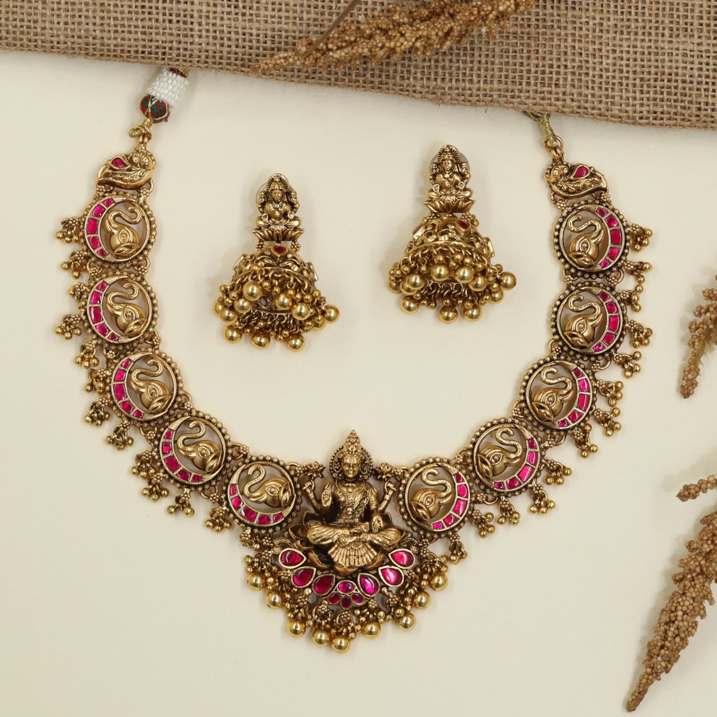 Royal Lakshmi Necklace Featuring Sculpted Elephant Links and Lotus-Seated Goddess