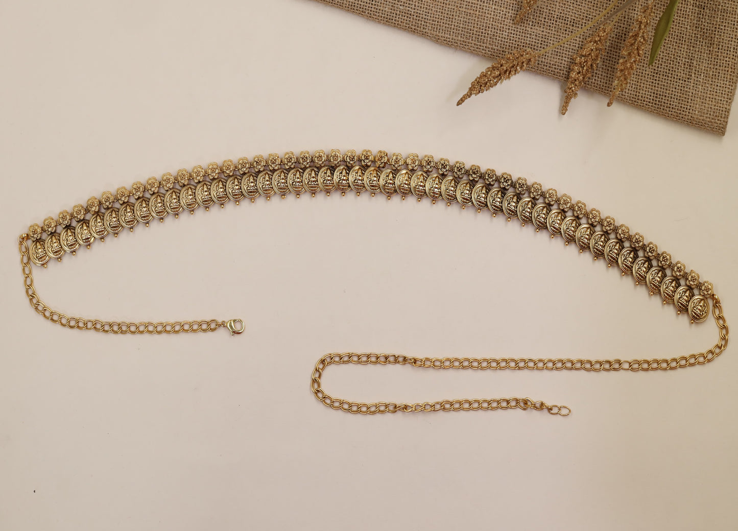 Signature Antique Waist Belt with Repeating Ornamental Circles and Chain Extensions