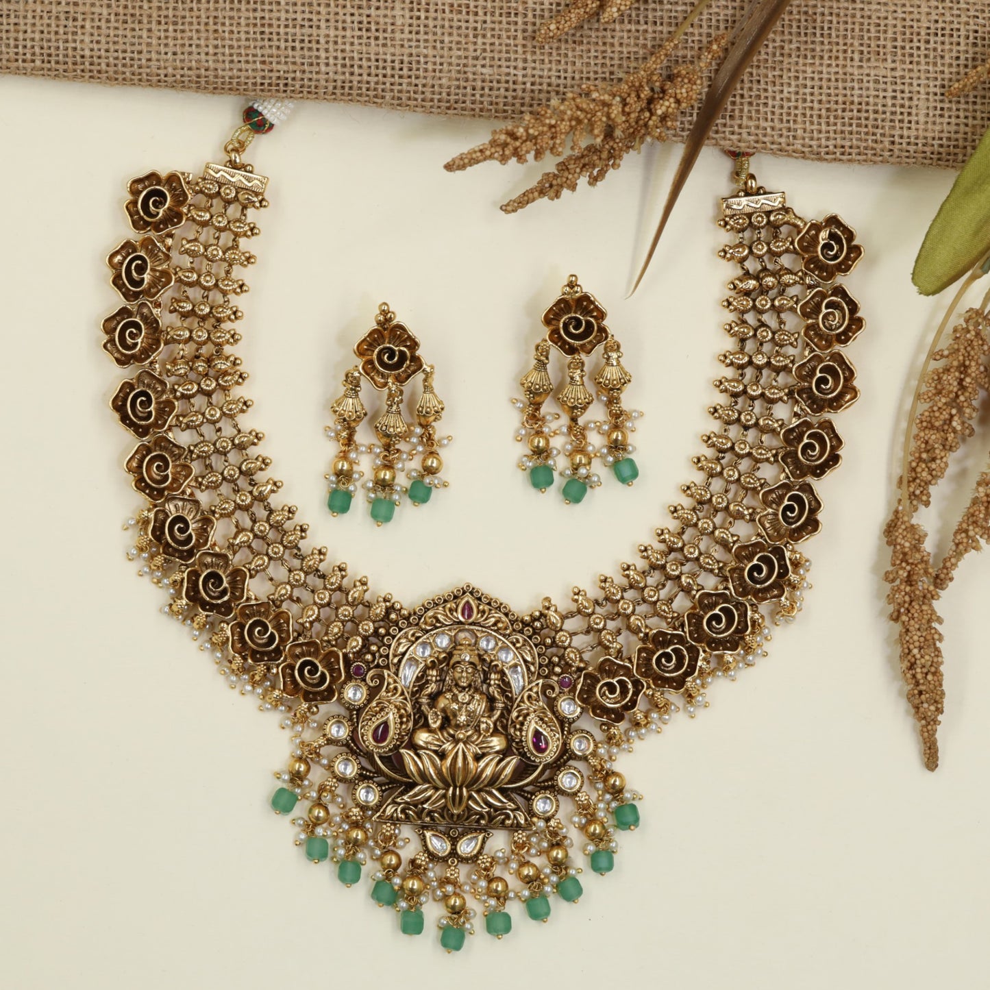 Antique Lakshmi Necklace with Floral Scrollwork and Grand Lotus Pendant