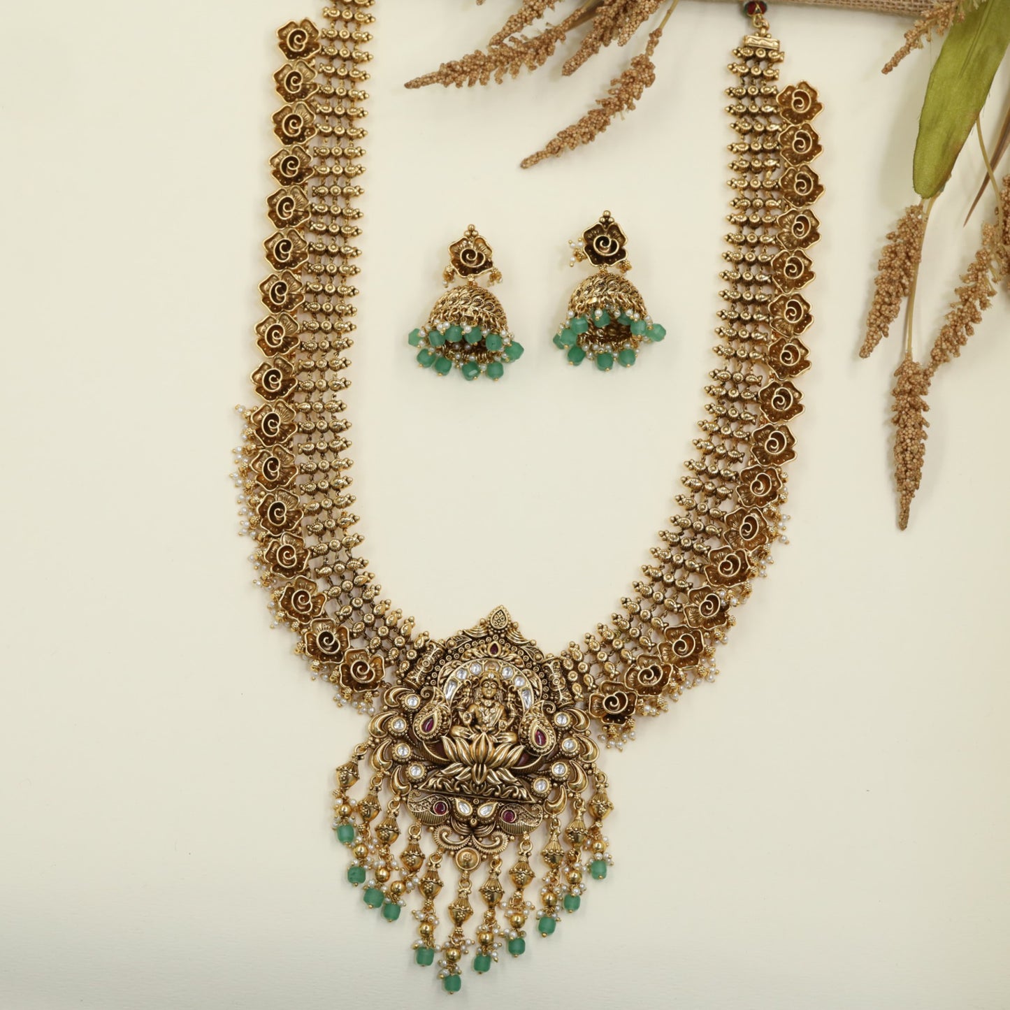 Royal Lakshmi Long Haara Featuring a Sculpted Goddess Centre and Cascading Drops