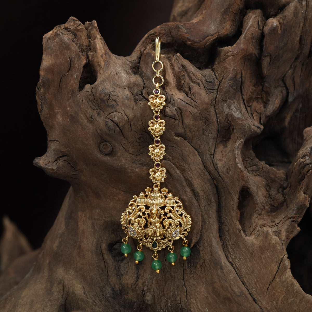 Antique Lakshmi Tikka with Peacock Motifs & Jade Drops
