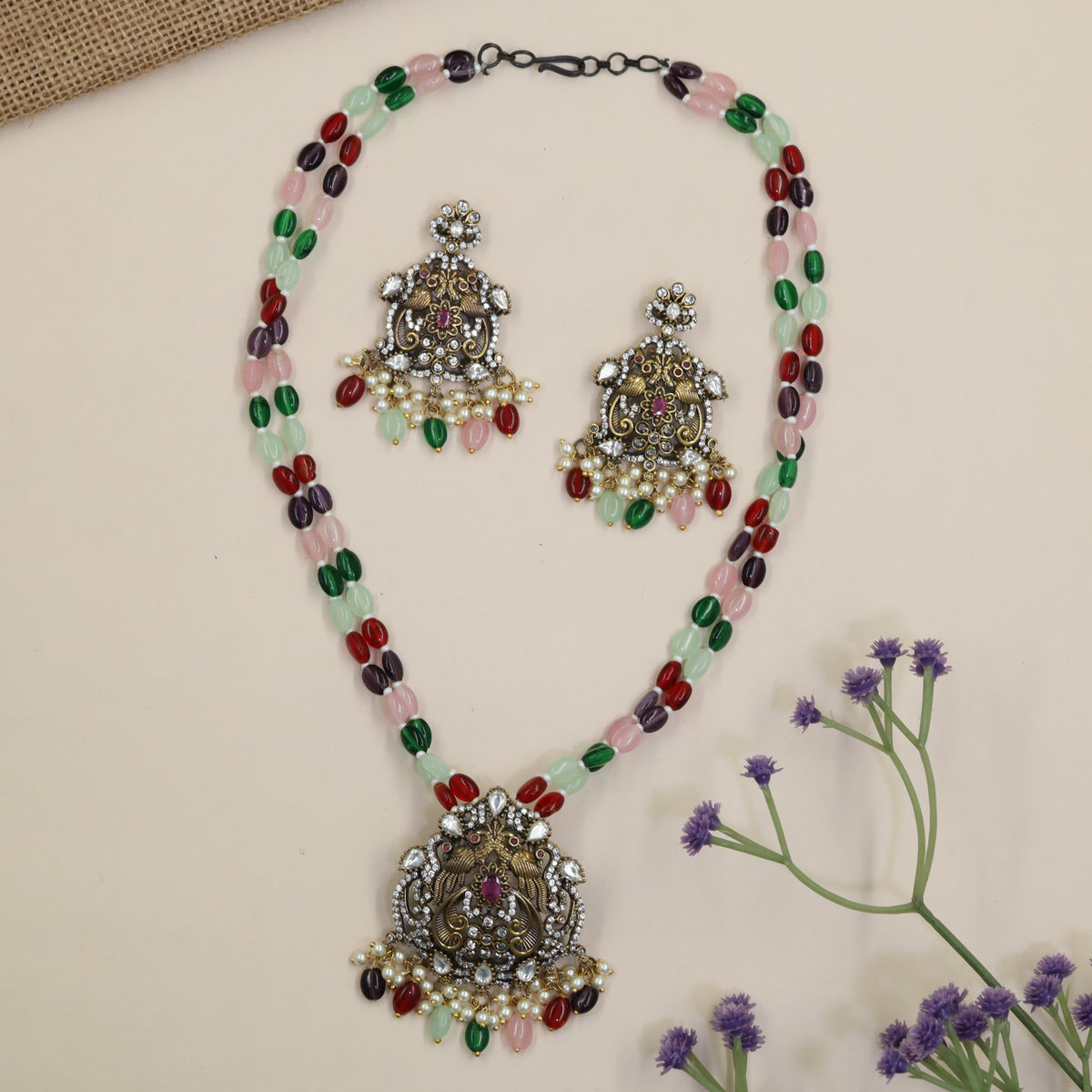 Victorian Beads Long Haara with Ornate Pendant
