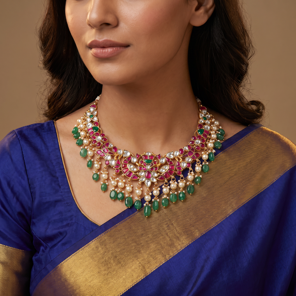 Premium Jadau Necklace With Intricate Centre Ornamentation And Cascading Beaded Drops