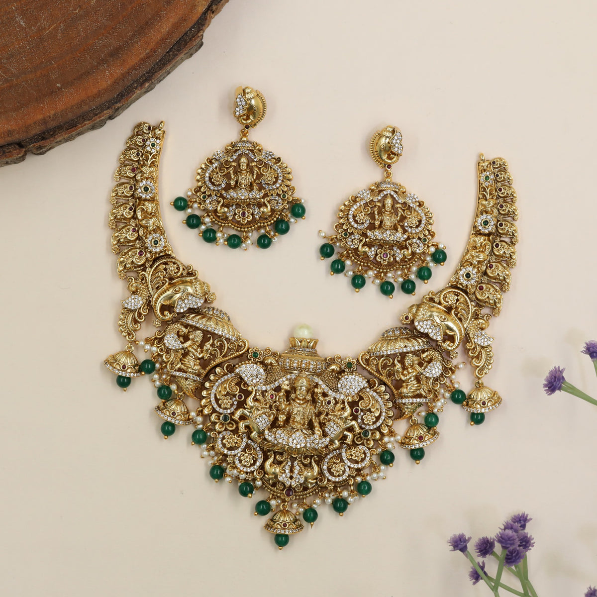 Antique Necklace With Lakshmi Centrepiece, Peacock Details And Ornate Temple Work