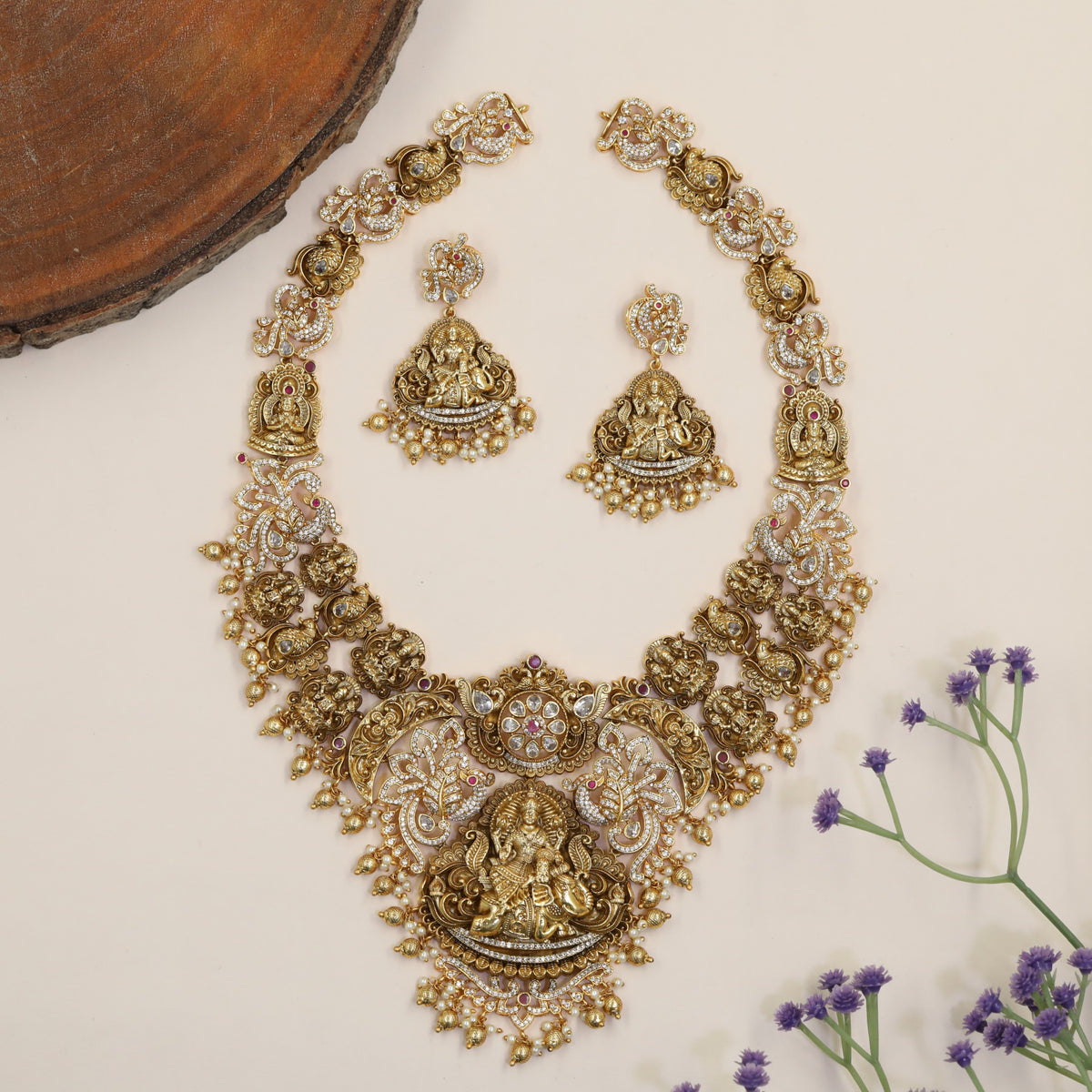 Premium Antique Long Haara Featuring Seated Lakshmi, Peacock Forms