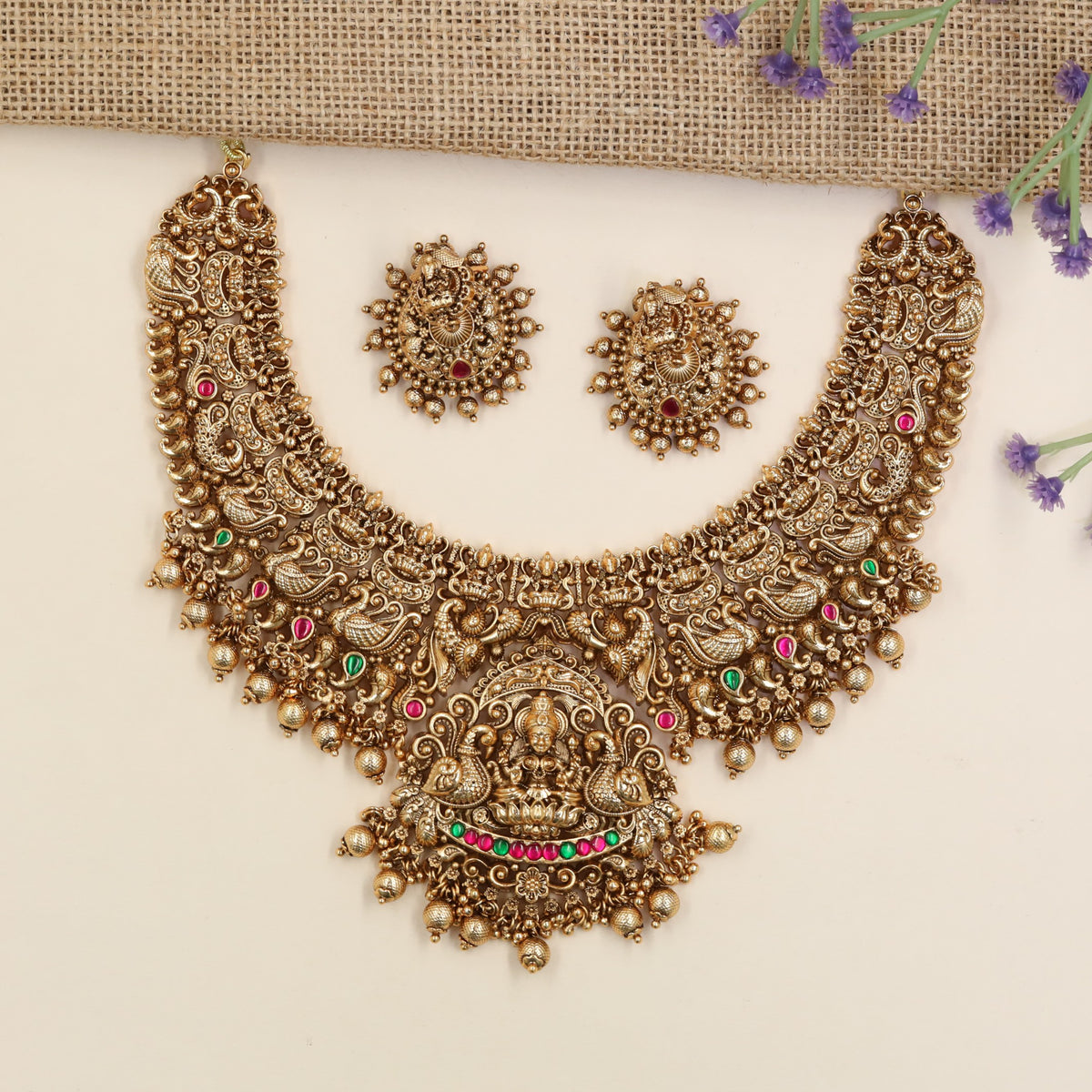 Premium Antique Necklace Featuring Lakshmi Pendant, Scrollwork And Decorative Bead Drops