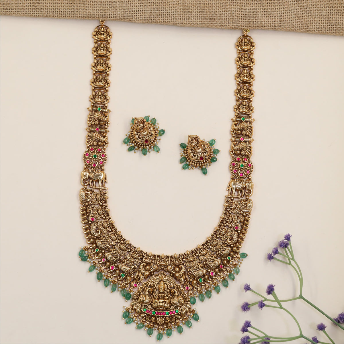 Premium Antique Long Haara Featuring Lakshmi On Lotus With Elaborate Decorative Work