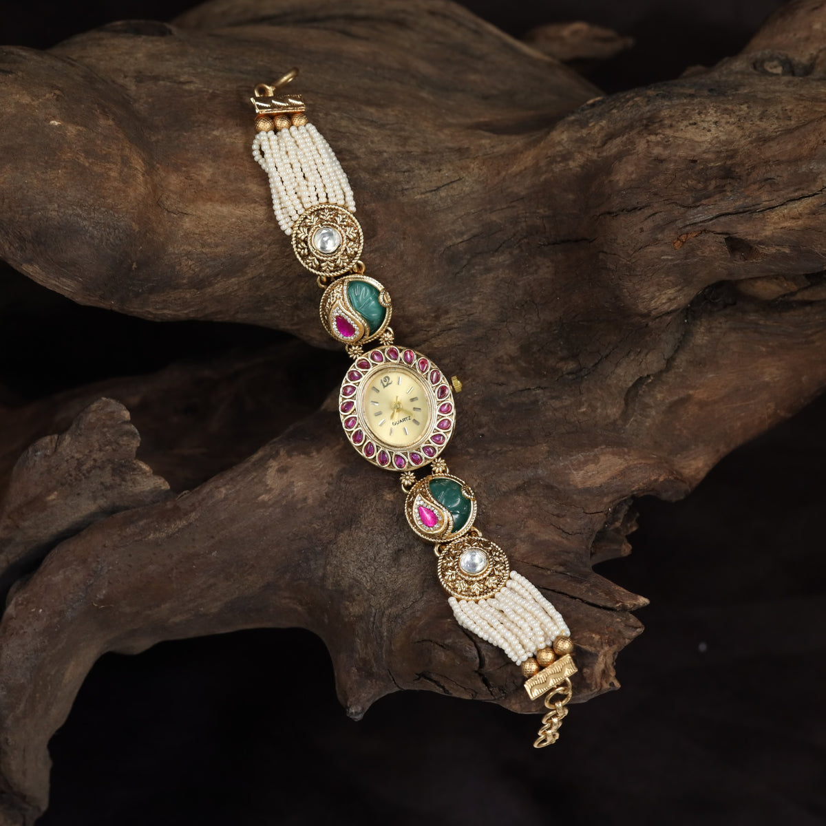 Kundan Watch with Circular Links & Multi-Strand Pearls