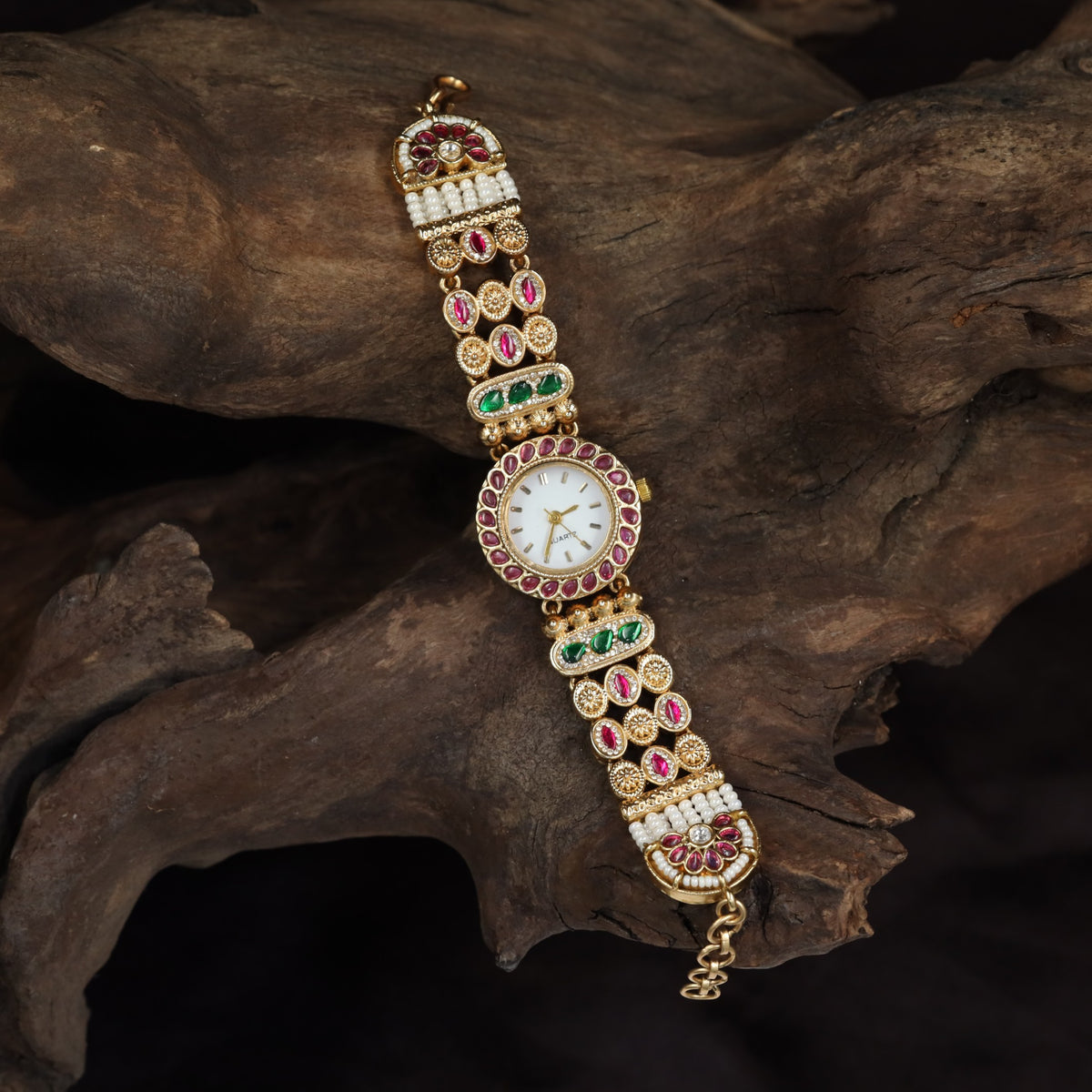 Kundan Floral Link Watch with Pearl Rows
