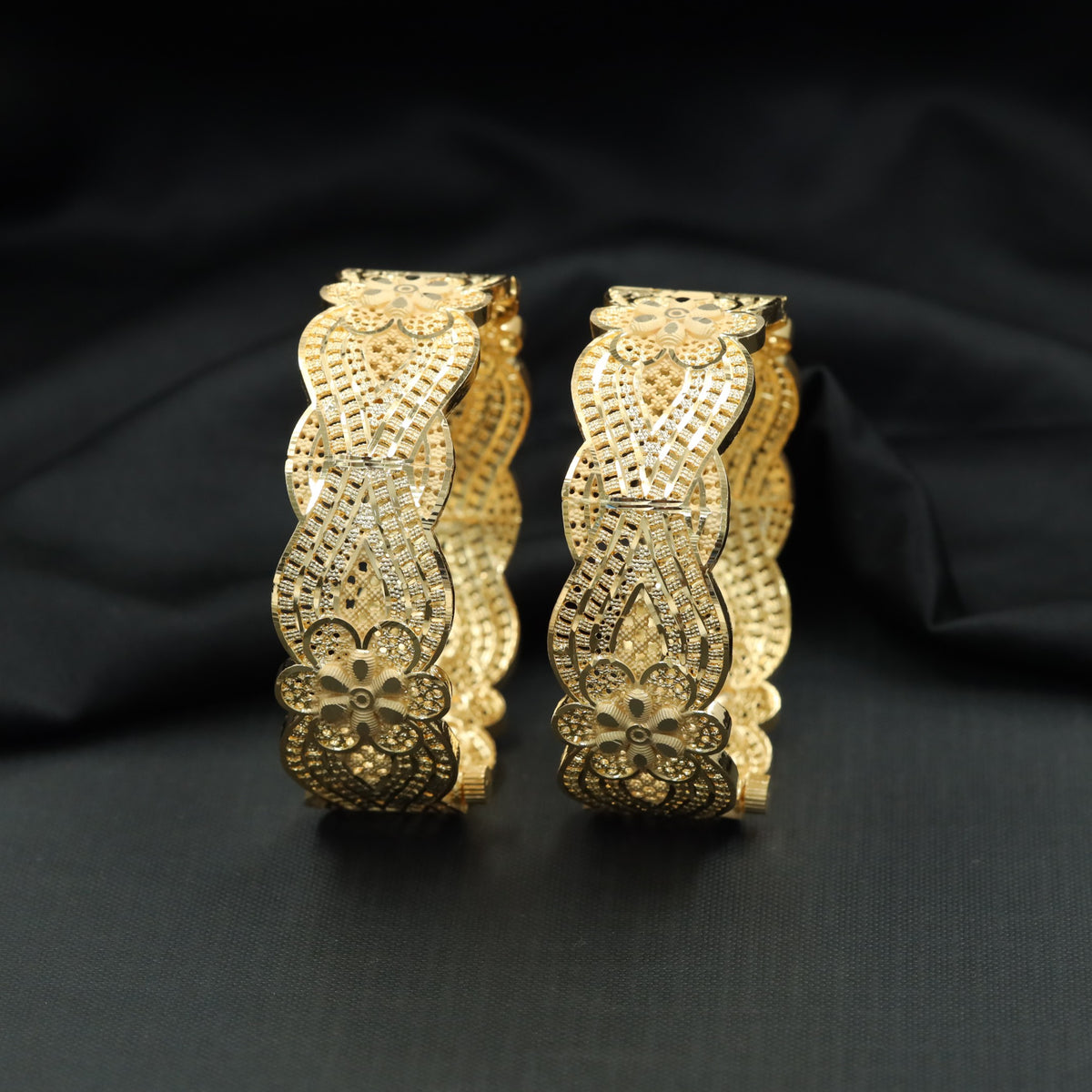 Gold Plated Bangle with Floral Details & Lattice Panels