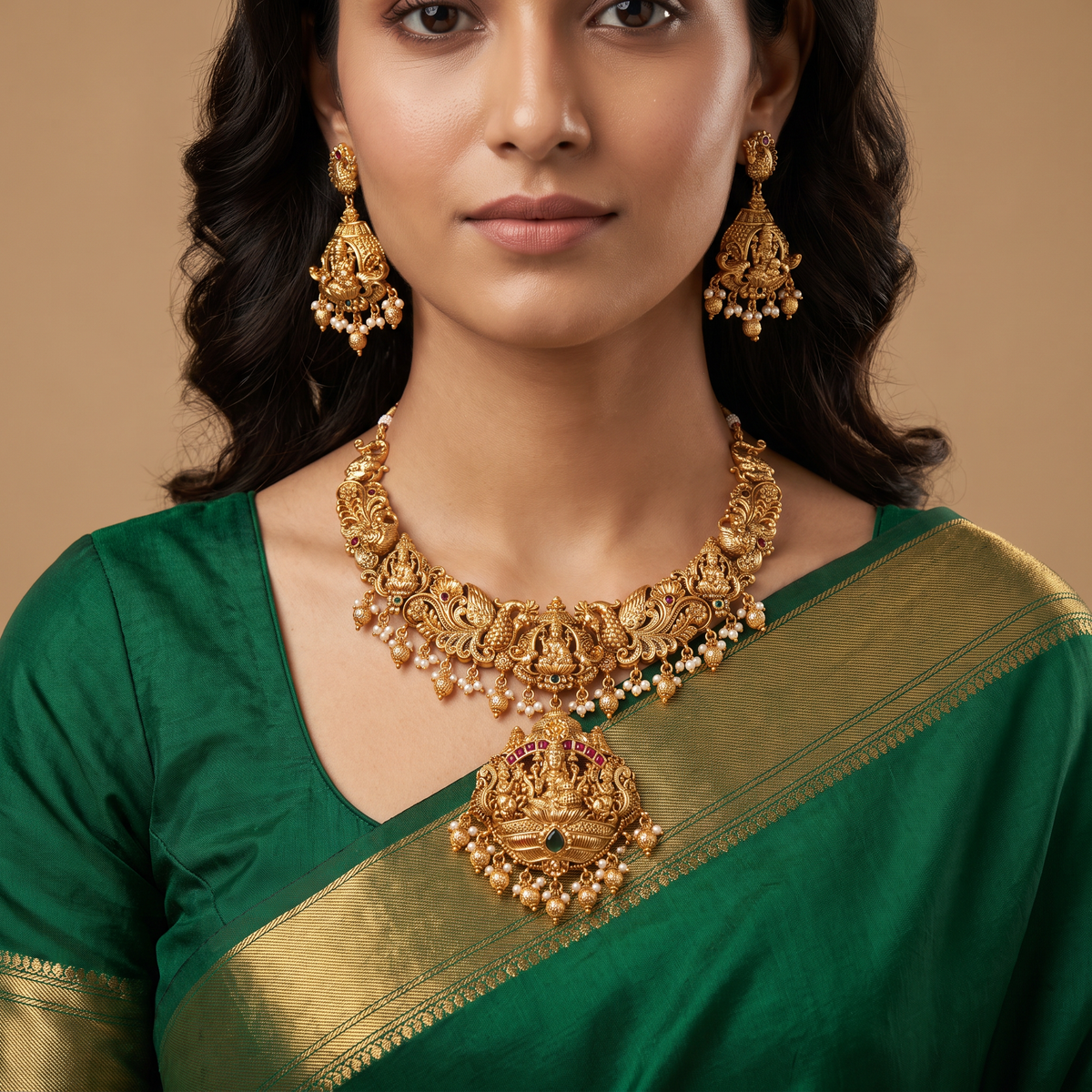 Grand temple-inspired necklace with Lakshmi pendant and dangling accents