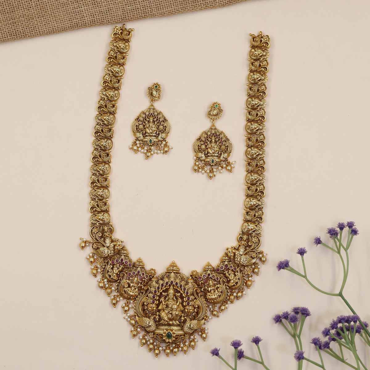 Antique Long Haara With Lakshmi Centrepiece And Intricate Heritage Panels