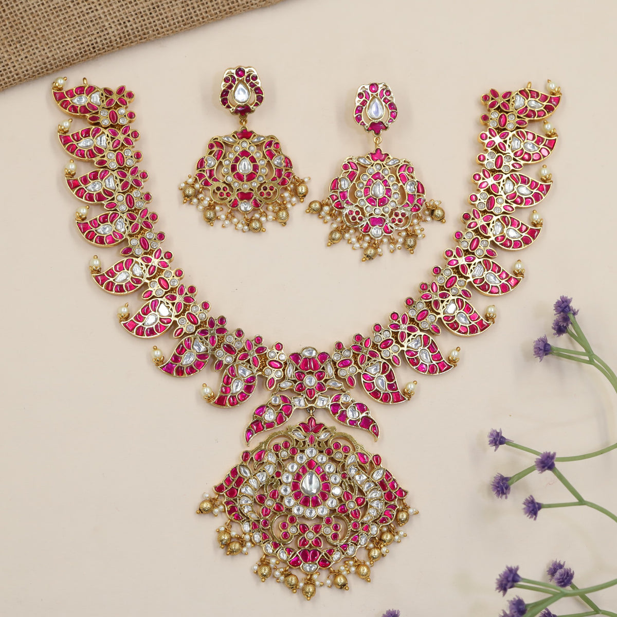 Jadau Necklace With Paisley Links And Elaborate Floral Centrepiece