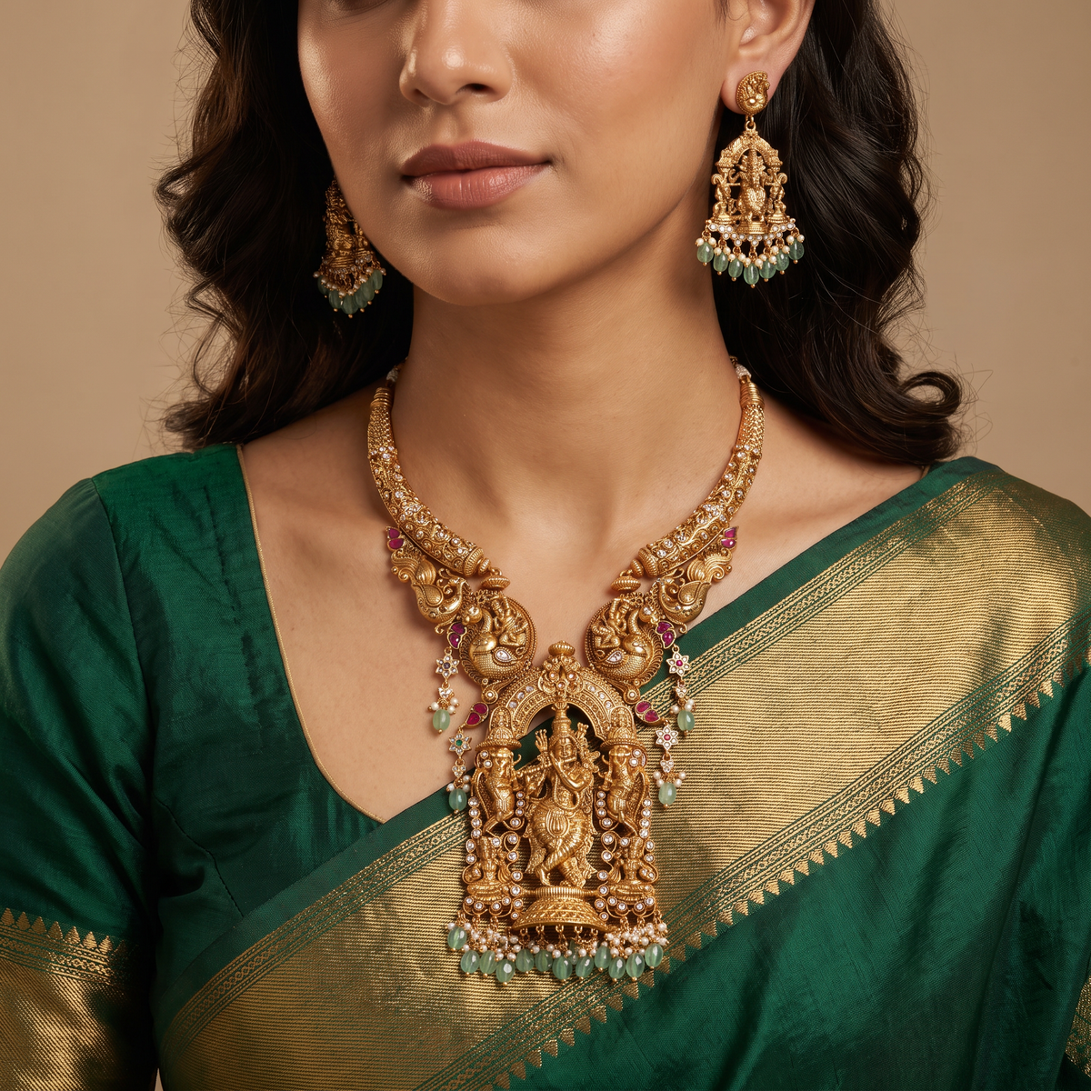 A grand Krishna Necklace framed by sculpted peacocks and traditional detailing