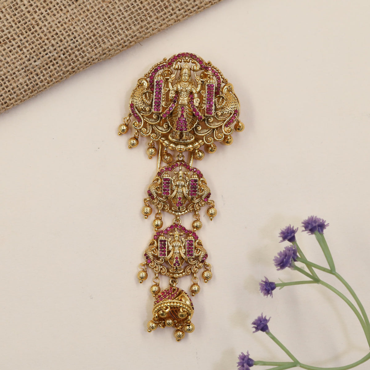 Venkateshwara Jade Bille featuring sculpted deity panels and graceful hanging drops