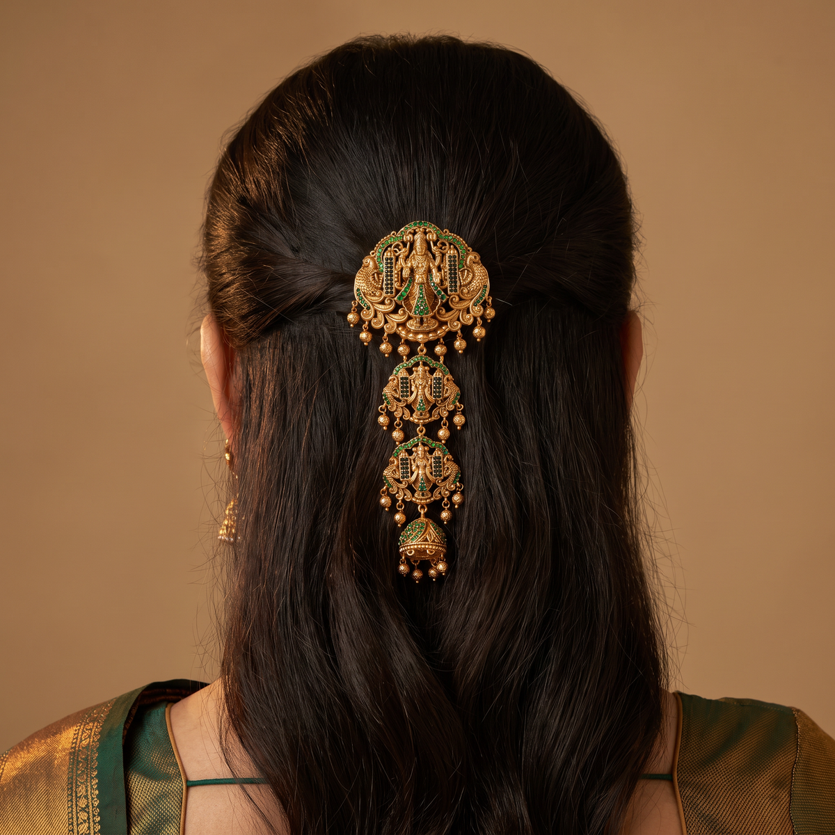 Venkateshwara Jade Bille featuring sculpted deity panels and graceful hanging drops