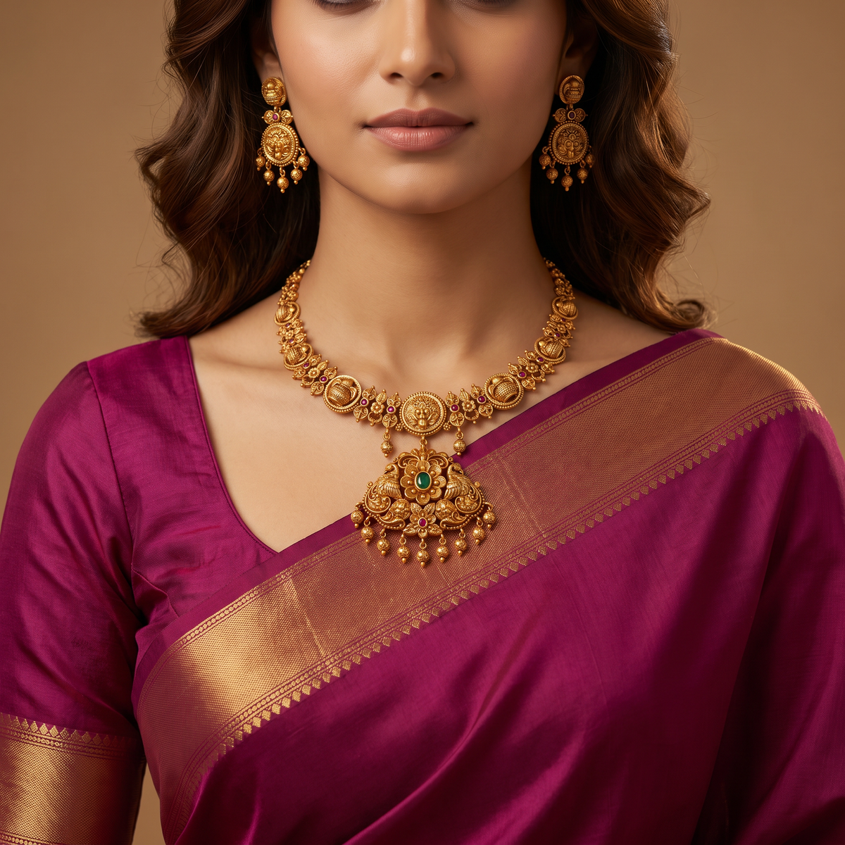 Royal Antique Necklace with a richly sculpted centre and graceful peacock forms