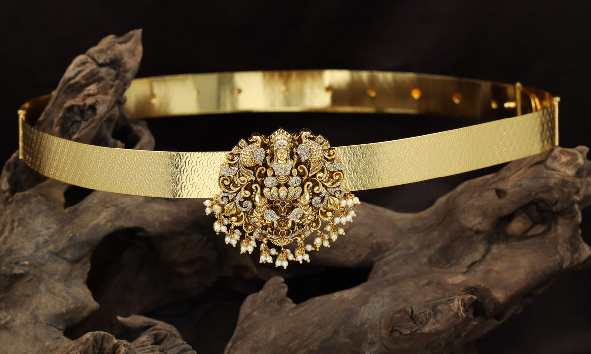 Antique Dabu waist belt with Lakshmi, peacock and elephant detailing