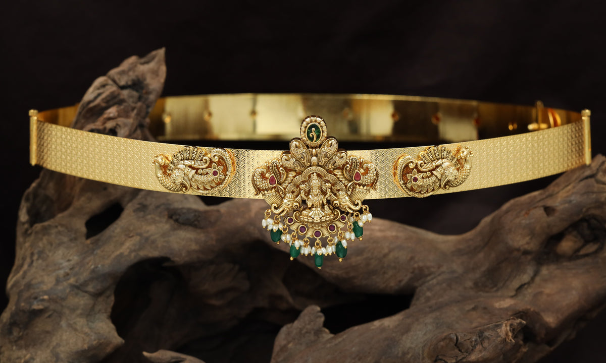 Antique Dabu waist belt with Lakshmi, peacock and ornate temple detailing